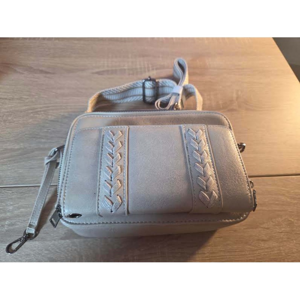 Taupe Grey Faux Leather Crossbody Bag Wallet Combo Braided Detail Guitar Strap